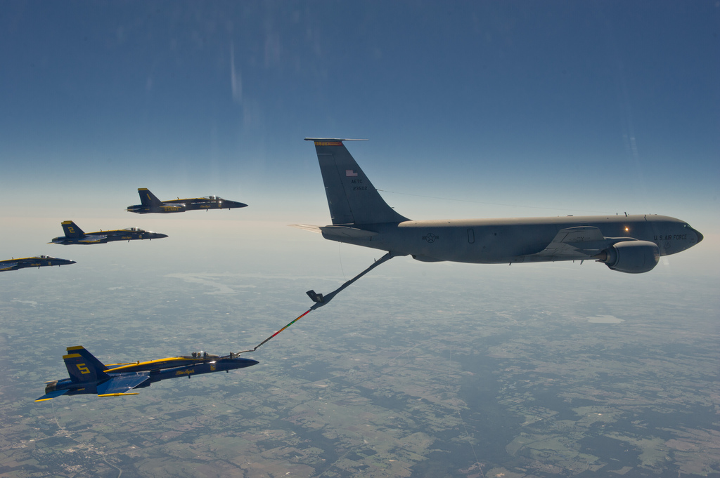Image of Blue Angels refeuling in flight.